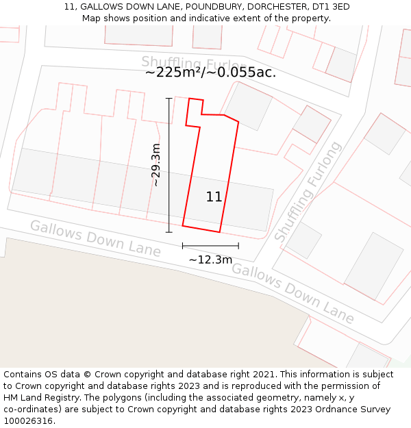 11, GALLOWS DOWN LANE, POUNDBURY, DORCHESTER, DT1 3ED: Plot and title map