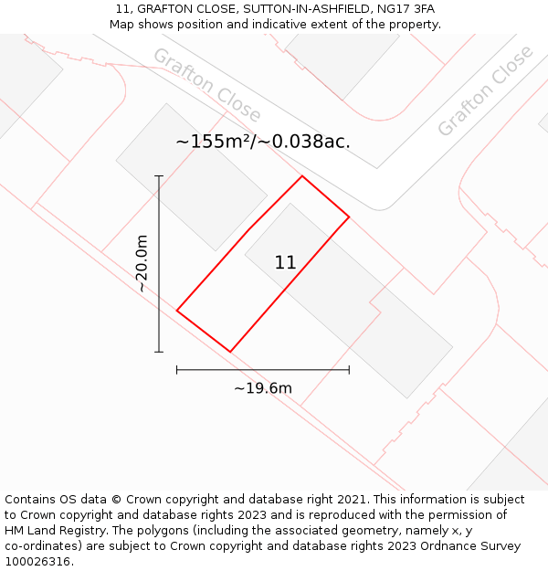 11, GRAFTON CLOSE, SUTTON-IN-ASHFIELD, NG17 3FA: Plot and title map