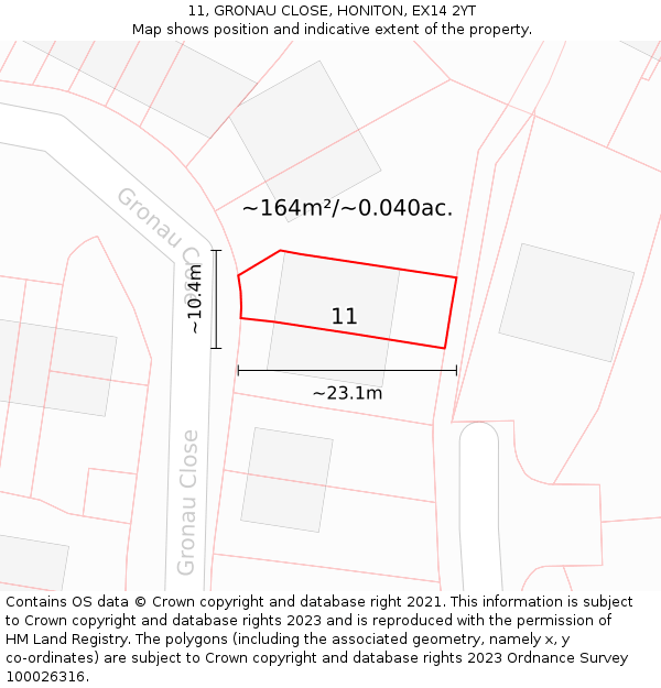 11, GRONAU CLOSE, HONITON, EX14 2YT: Plot and title map