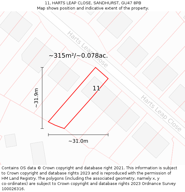 11, HARTS LEAP CLOSE, SANDHURST, GU47 8PB: Plot and title map