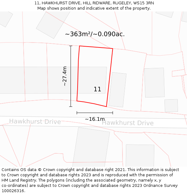 11, HAWKHURST DRIVE, HILL RIDWARE, RUGELEY, WS15 3RN: Plot and title map