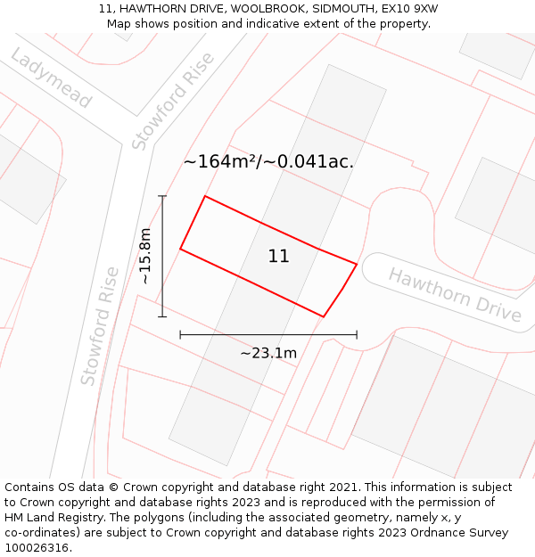 11, HAWTHORN DRIVE, WOOLBROOK, SIDMOUTH, EX10 9XW: Plot and title map