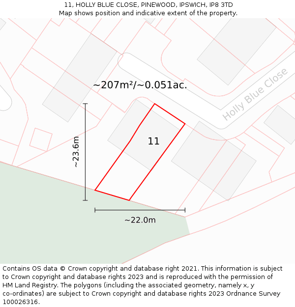 11, HOLLY BLUE CLOSE, PINEWOOD, IPSWICH, IP8 3TD: Plot and title map