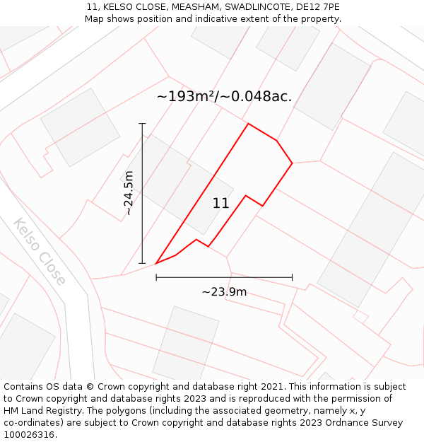 11, KELSO CLOSE, MEASHAM, SWADLINCOTE, DE12 7PE: Plot and title map