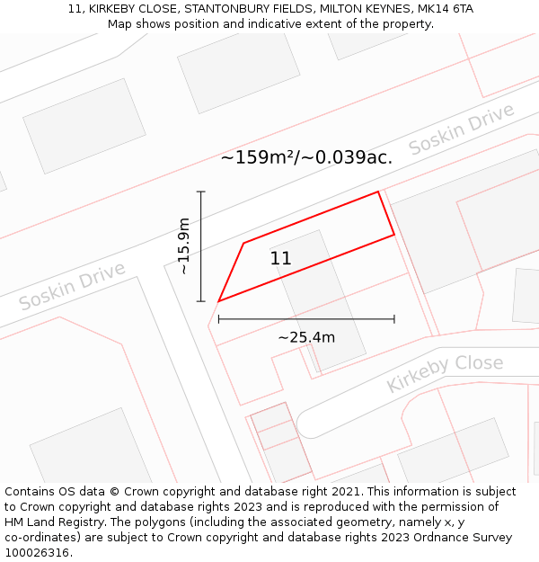 11, KIRKEBY CLOSE, STANTONBURY FIELDS, MILTON KEYNES, MK14 6TA: Plot and title map