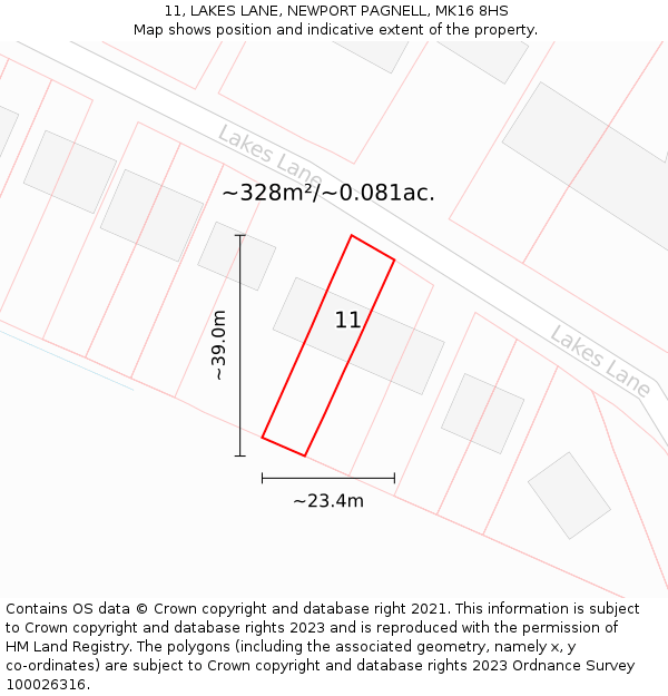 11, LAKES LANE, NEWPORT PAGNELL, MK16 8HS: Plot and title map