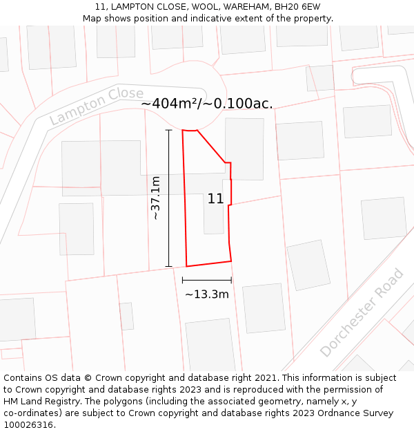 11, LAMPTON CLOSE, WOOL, WAREHAM, BH20 6EW: Plot and title map