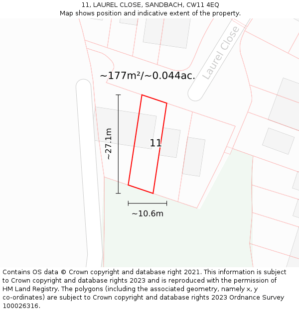 11, LAUREL CLOSE, SANDBACH, CW11 4EQ: Plot and title map