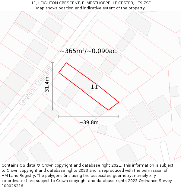 11, LEIGHTON CRESCENT, ELMESTHORPE, LEICESTER, LE9 7SF: Plot and title map