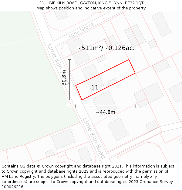 11, LIME KILN ROAD, GAYTON, KING'S LYNN, PE32 1QT: Plot and title map