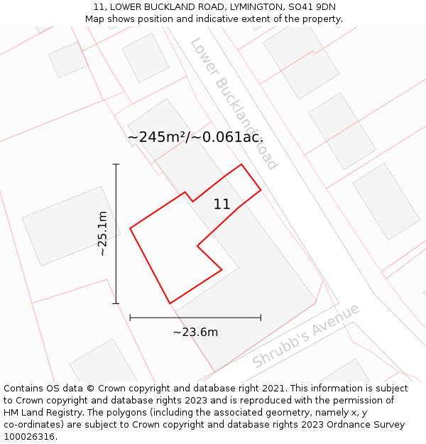 11, LOWER BUCKLAND ROAD, LYMINGTON, SO41 9DN: Plot and title map