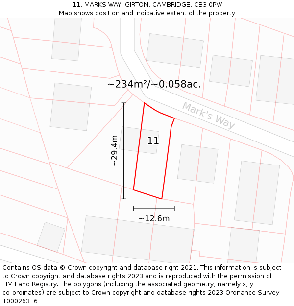 11, MARKS WAY, GIRTON, CAMBRIDGE, CB3 0PW: Plot and title map