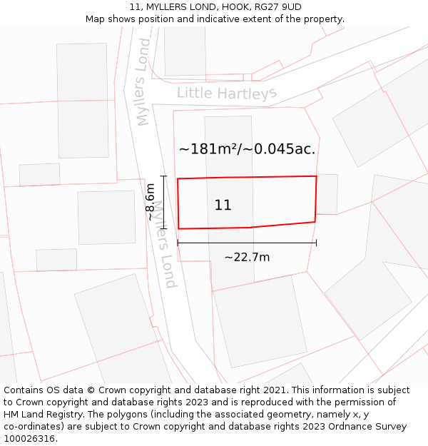 11, MYLLERS LOND, HOOK, RG27 9UD: Plot and title map