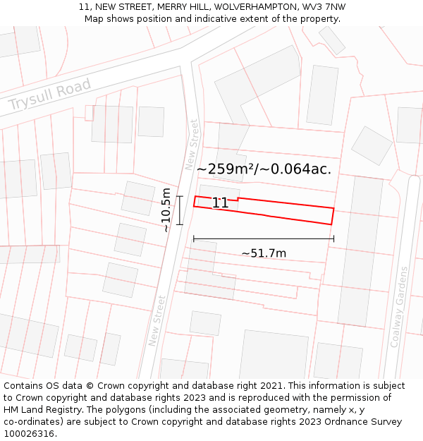 11, NEW STREET, MERRY HILL, WOLVERHAMPTON, WV3 7NW: Plot and title map