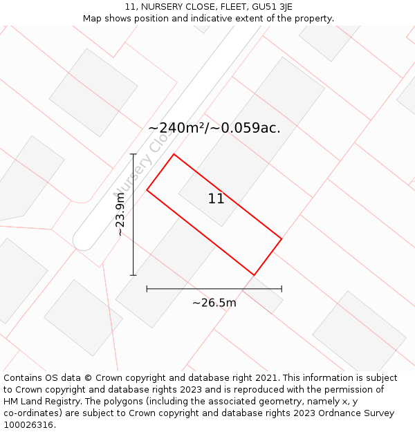 11, NURSERY CLOSE, FLEET, GU51 3JE: Plot and title map