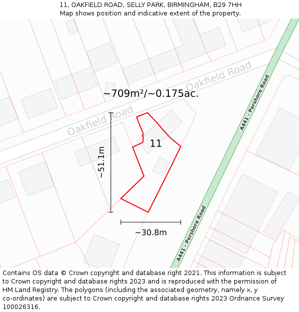 11, OAKFIELD ROAD, SELLY PARK, BIRMINGHAM, B29 7HH: Plot and title map