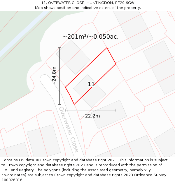 11, OVERWATER CLOSE, HUNTINGDON, PE29 6GW: Plot and title map