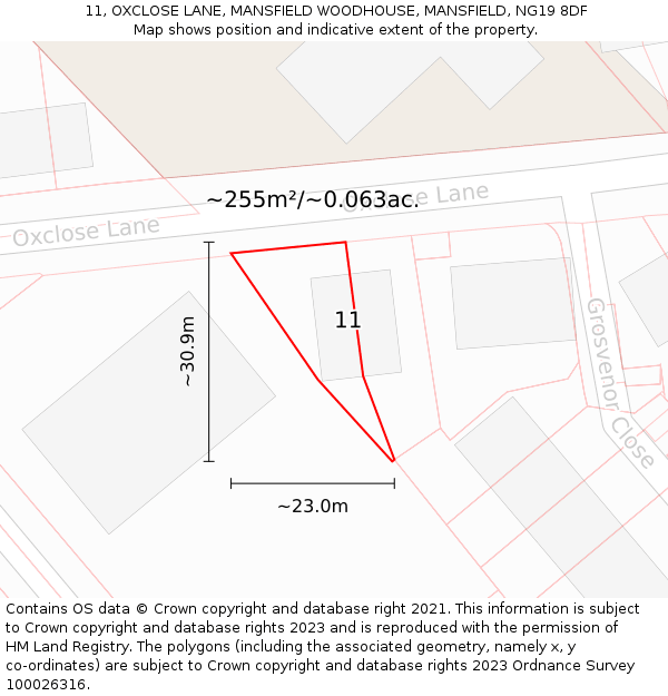 11, OXCLOSE LANE, MANSFIELD WOODHOUSE, MANSFIELD, NG19 8DF: Plot and title map