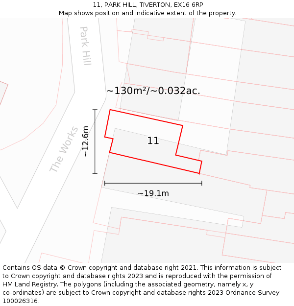 11, PARK HILL, TIVERTON, EX16 6RP: Plot and title map