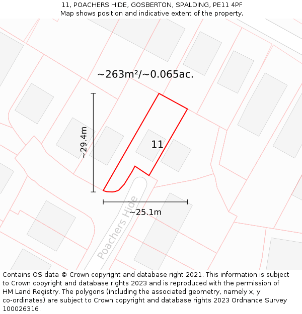 11, POACHERS HIDE, GOSBERTON, SPALDING, PE11 4PF: Plot and title map