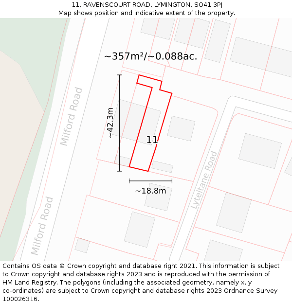 11, RAVENSCOURT ROAD, LYMINGTON, SO41 3PJ: Plot and title map