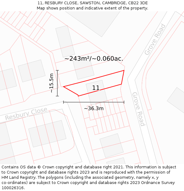 11, RESBURY CLOSE, SAWSTON, CAMBRIDGE, CB22 3DE: Plot and title map