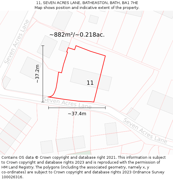 11, SEVEN ACRES LANE, BATHEASTON, BATH, BA1 7HE: Plot and title map