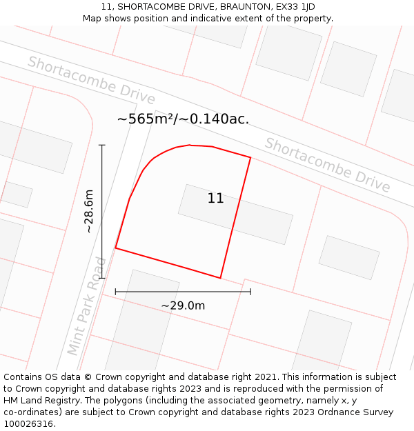 11, SHORTACOMBE DRIVE, BRAUNTON, EX33 1JD: Plot and title map