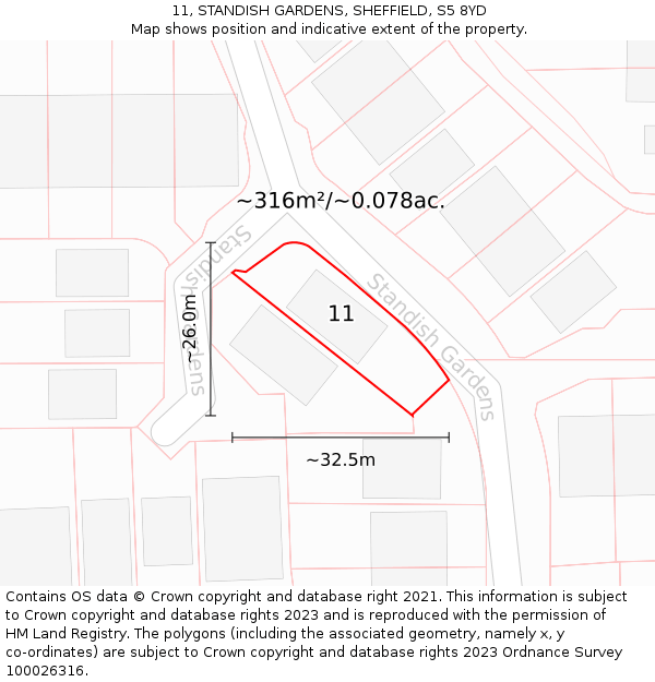 11, STANDISH GARDENS, SHEFFIELD, S5 8YD: Plot and title map