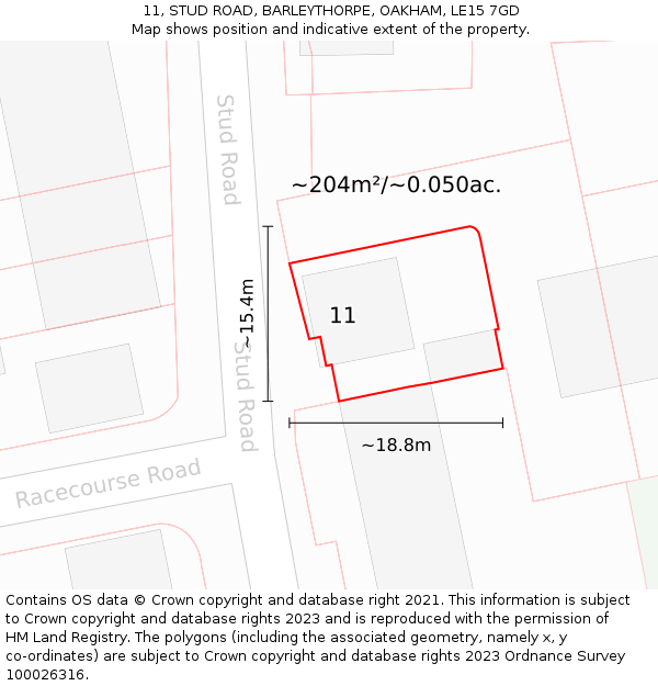 11, STUD ROAD, BARLEYTHORPE, OAKHAM, LE15 7GD: Plot and title map