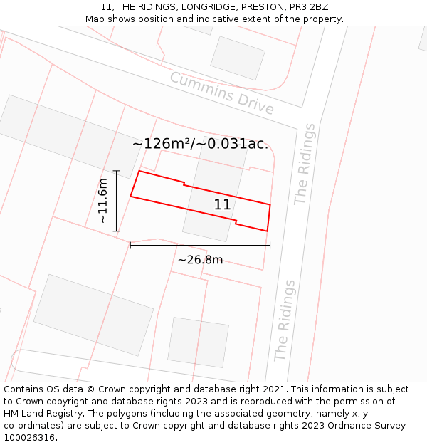 11, THE RIDINGS, LONGRIDGE, PRESTON, PR3 2BZ: Plot and title map