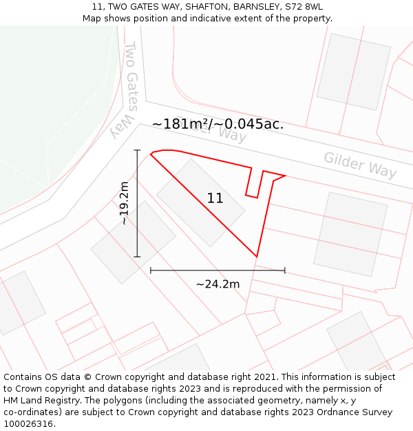 11, TWO GATES WAY, SHAFTON, BARNSLEY, S72 8WL: Plot and title map