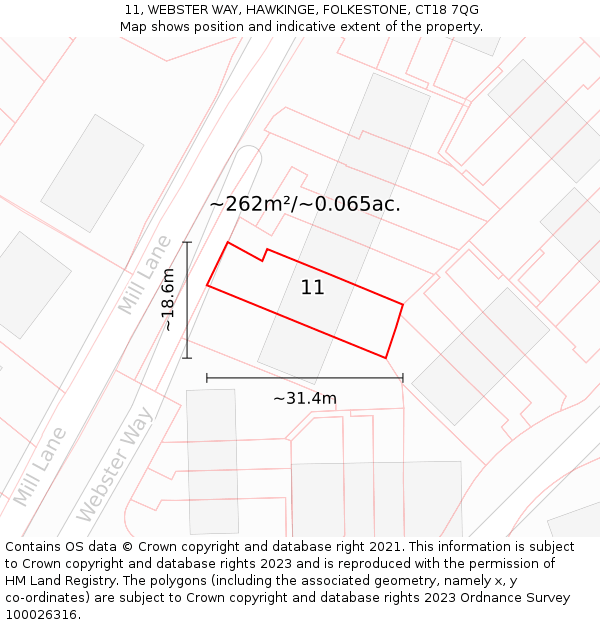 11, WEBSTER WAY, HAWKINGE, FOLKESTONE, CT18 7QG: Plot and title map