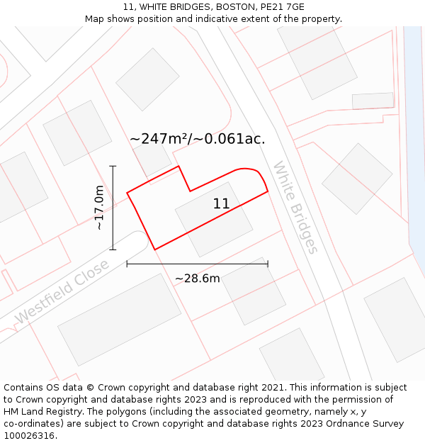 11, WHITE BRIDGES, BOSTON, PE21 7GE: Plot and title map