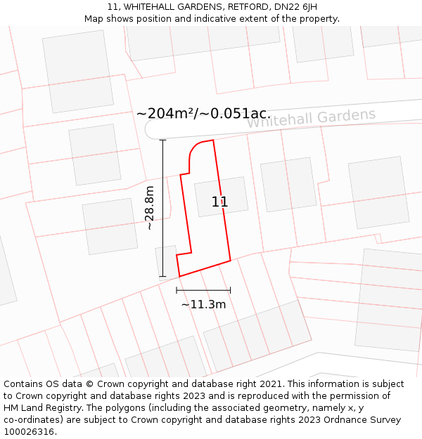 11, WHITEHALL GARDENS, RETFORD, DN22 6JH: Plot and title map