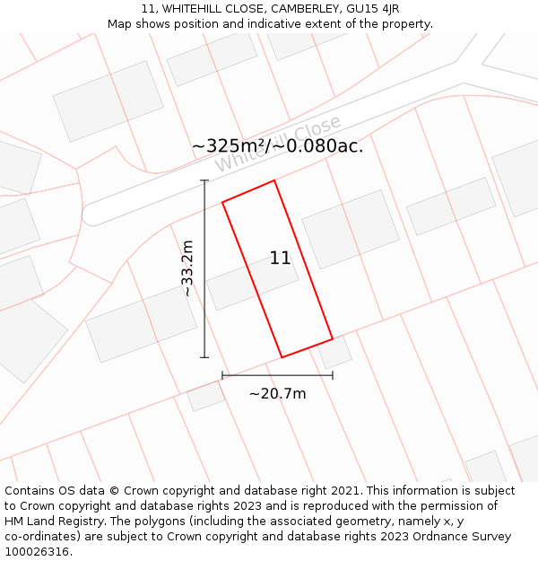 11, WHITEHILL CLOSE, CAMBERLEY, GU15 4JR: Plot and title map