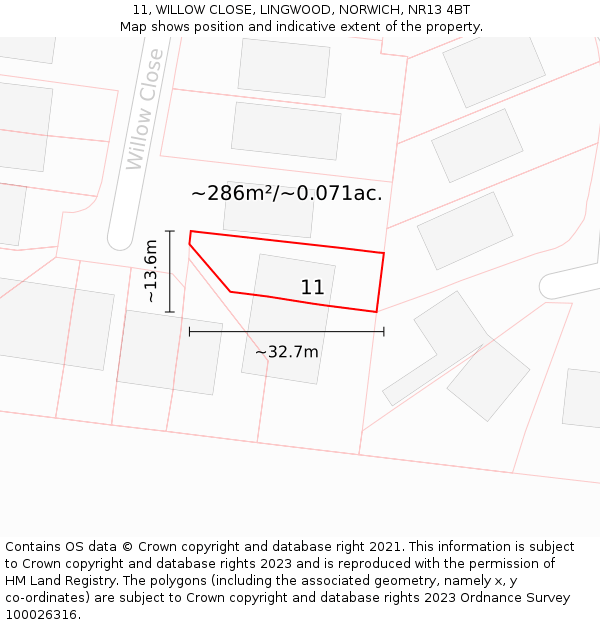 11, WILLOW CLOSE, LINGWOOD, NORWICH, NR13 4BT: Plot and title map