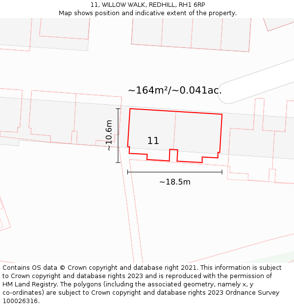 11, WILLOW WALK, REDHILL, RH1 6RP: Plot and title map