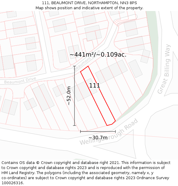 111, BEAUMONT DRIVE, NORTHAMPTON, NN3 8PS: Plot and title map