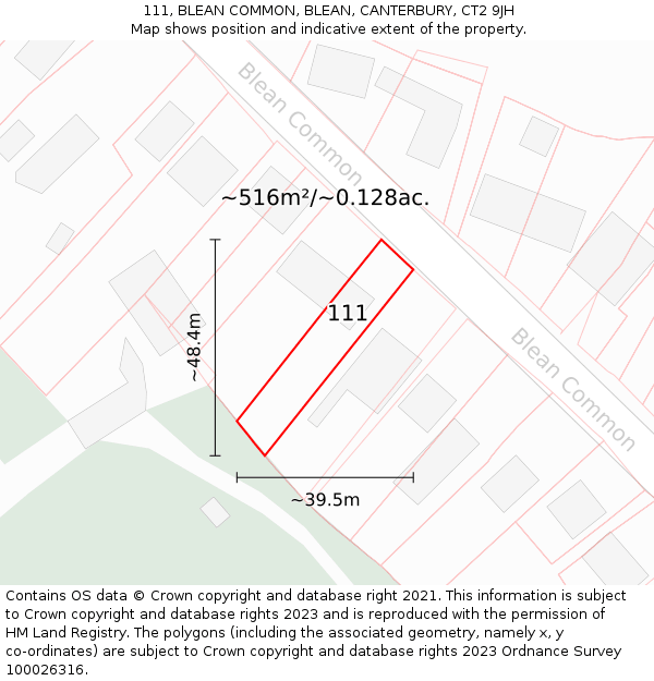 111, BLEAN COMMON, BLEAN, CANTERBURY, CT2 9JH: Plot and title map