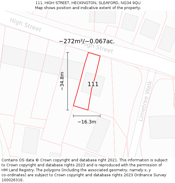 111, HIGH STREET, HECKINGTON, SLEAFORD, NG34 9QU: Plot and title map