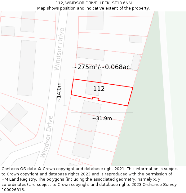 112, WINDSOR DRIVE, LEEK, ST13 6NN: Plot and title map