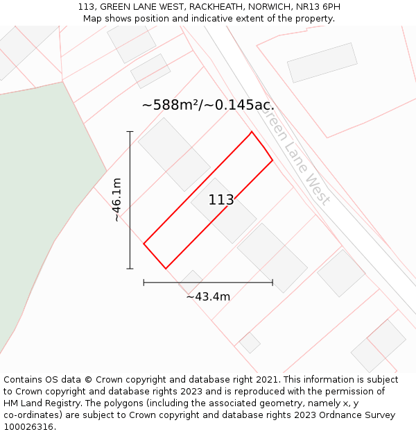 113, GREEN LANE WEST, RACKHEATH, NORWICH, NR13 6PH: Plot and title map
