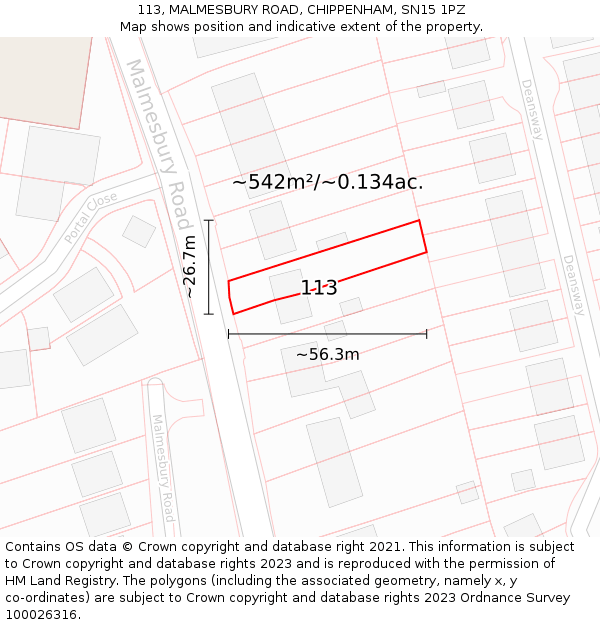 113, MALMESBURY ROAD, CHIPPENHAM, SN15 1PZ: Plot and title map