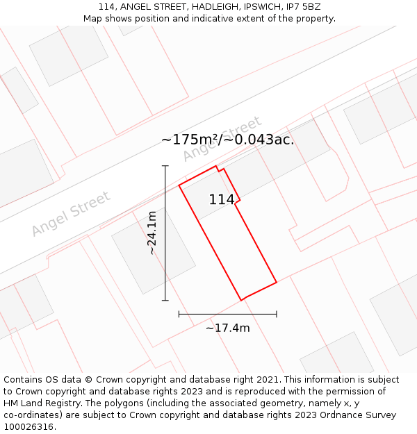 114, ANGEL STREET, HADLEIGH, IPSWICH, IP7 5BZ: Plot and title map