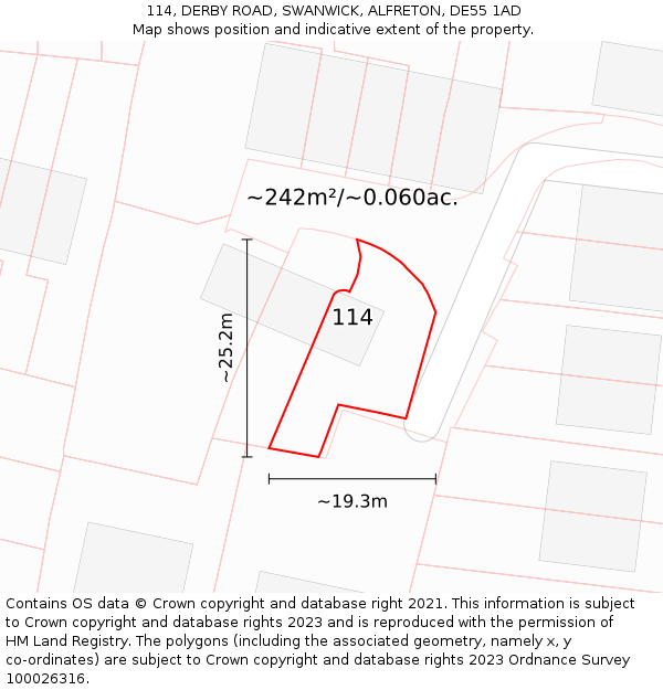 114, DERBY ROAD, SWANWICK, ALFRETON, DE55 1AD: Plot and title map