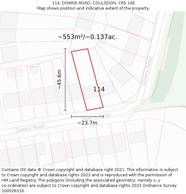 114, DOWNS ROAD, COULSDON, CR5 1AE: Plot and title map