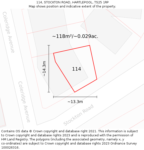 114, STOCKTON ROAD, HARTLEPOOL, TS25 1RP: Plot and title map