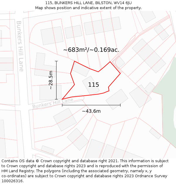 115, BUNKERS HILL LANE, BILSTON, WV14 6JU: Plot and title map