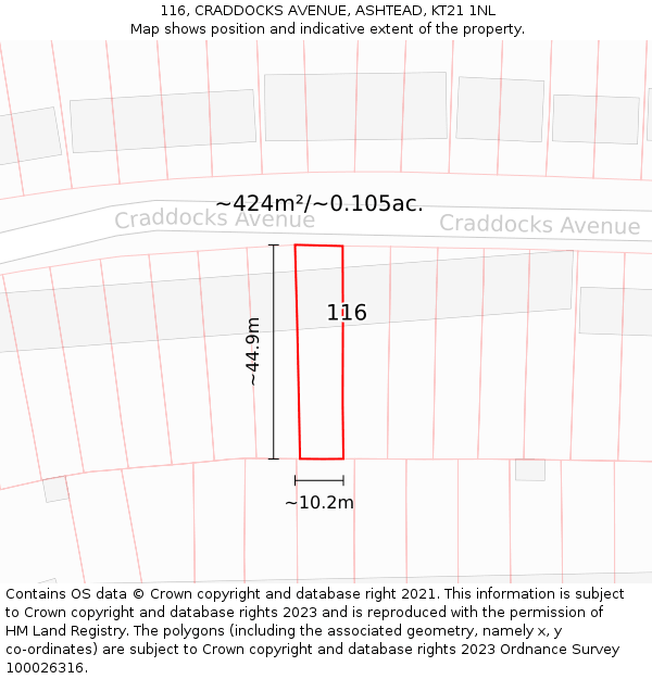 116, CRADDOCKS AVENUE, ASHTEAD, KT21 1NL: Plot and title map